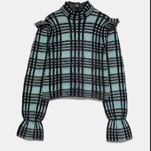 Zara Women Wool Mohair Check Sweater M High Collar
